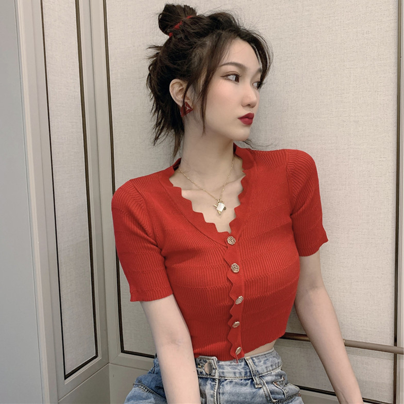 Sóng gọng mùa hè V-cổ hàng dệt kim mới ins đầu mini-cardigan sexy phụ nữ cởi khuy t-shirt của