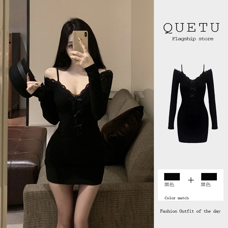 Pure Desire Style Lace-Trimmed Deep V-Neck Long-Sleeve Dress for Women, New Spring Black Waist-Cinching Bodycon Date Short Dress