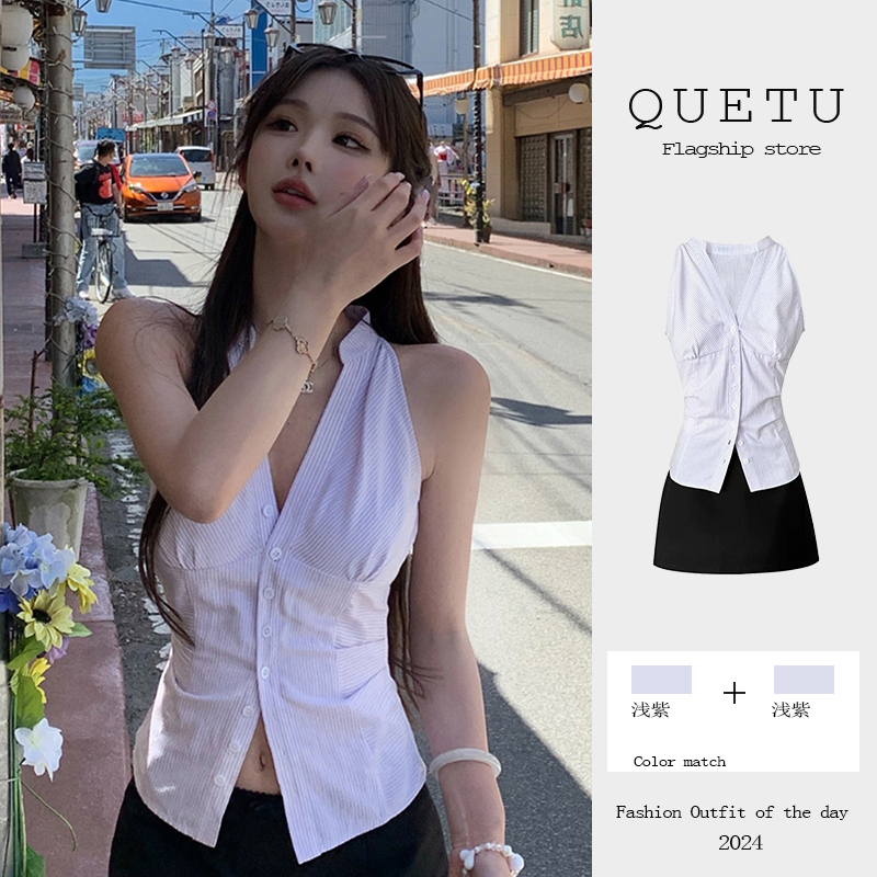 Thai-Style Striped Shirt for Women, New Spring/Summer Design, Unique Design, Spicy Girl Style, Sleeveless Slim-Fit Top