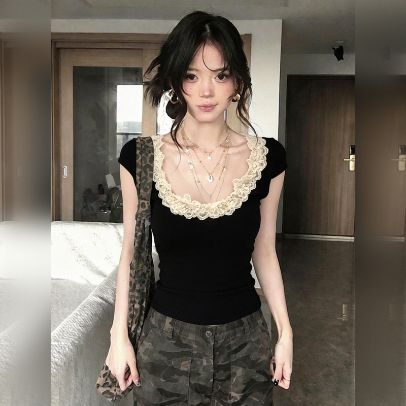 Black Sexy U-Neck Short-Sleeved T-Shirt for Women, Summer 2026 New Style, Pure Desire Style, Slim Fit, Lace Splicing Top Black Sexy U-Neck Short-Sleeved T-Shirt for Women, Summer 2026 New Style, Pure Desire Style, Slim Fit, Lace Splicing Top