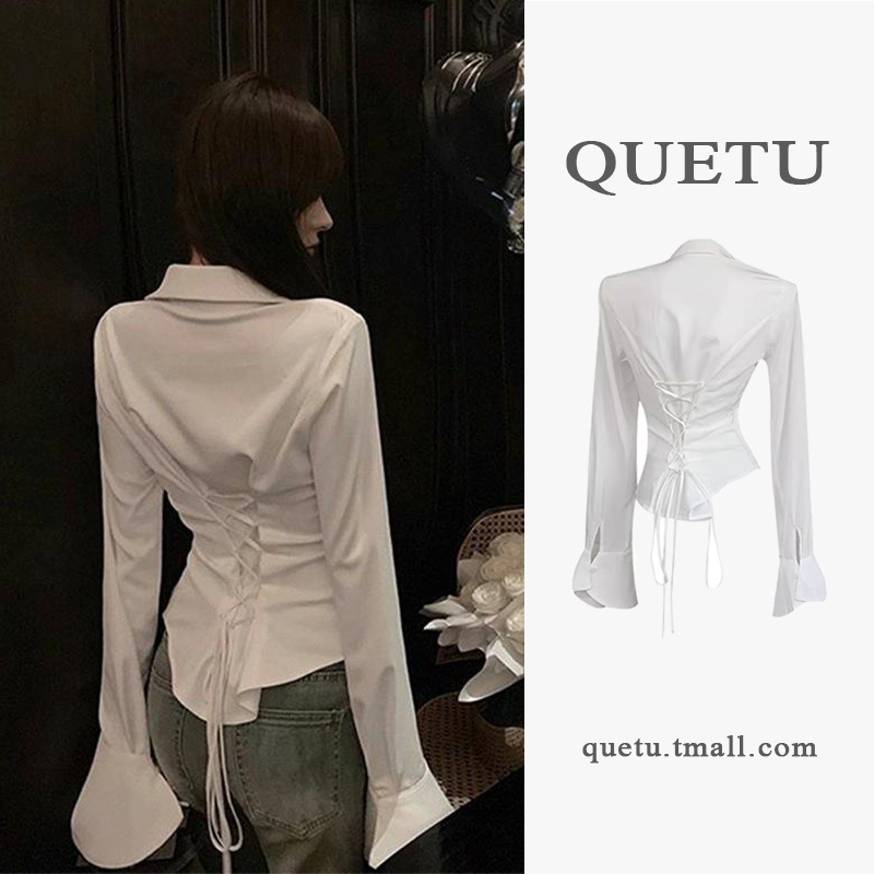 French-Style Cinched Waist Polo Collar Flared Sleeve Shirt for Women, Popular Design This Spring, Trendy Niche Blouse Top