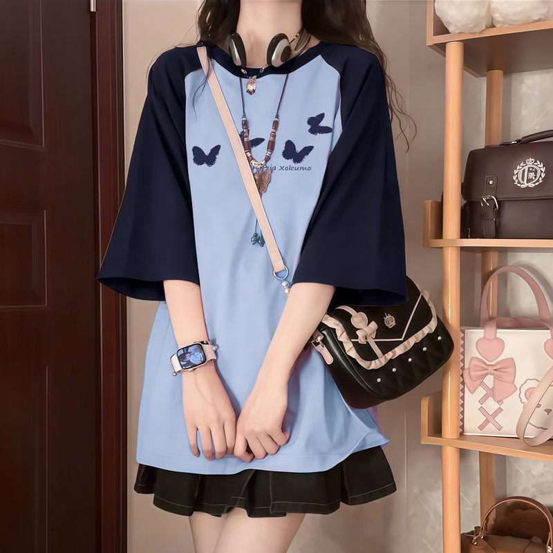 American-Style Dopamine Color-Block Raglan Short-Sleeve T-Shirt for Girls, Summer Loose Half-Sleeve Top for Middle and High School Students