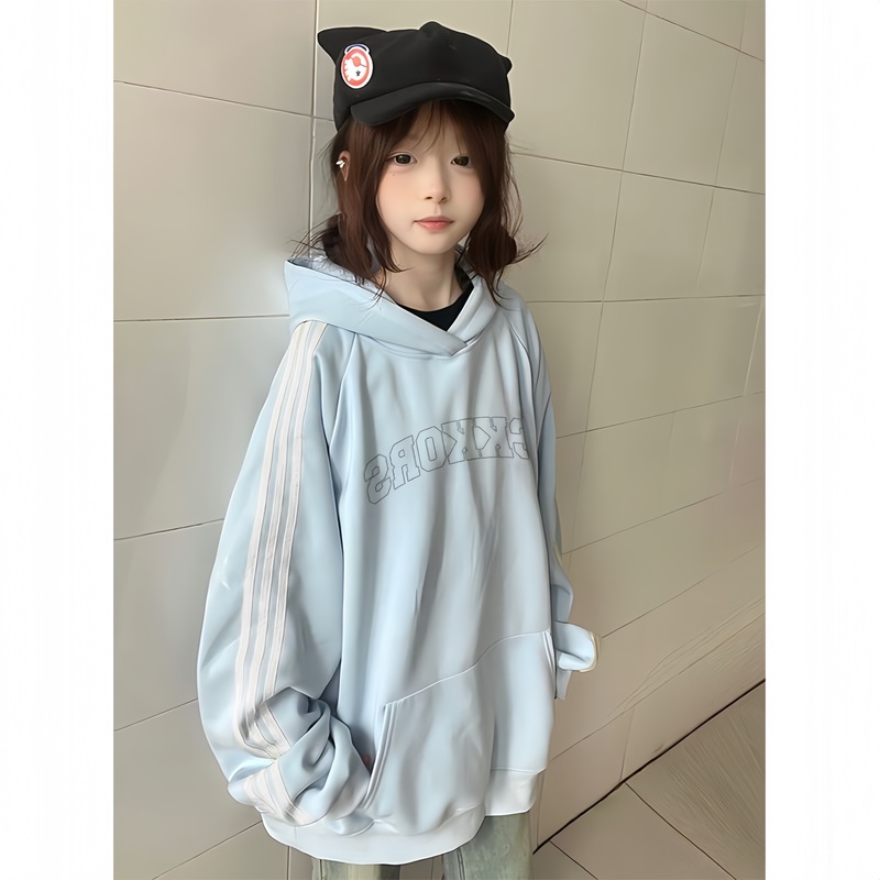American-Style Three-Stripe Milk Blue Pure Cotton Hooded Sweatshirt for Girls, Suitable for Middle and High School Students, with a Lazy and Loose Fit