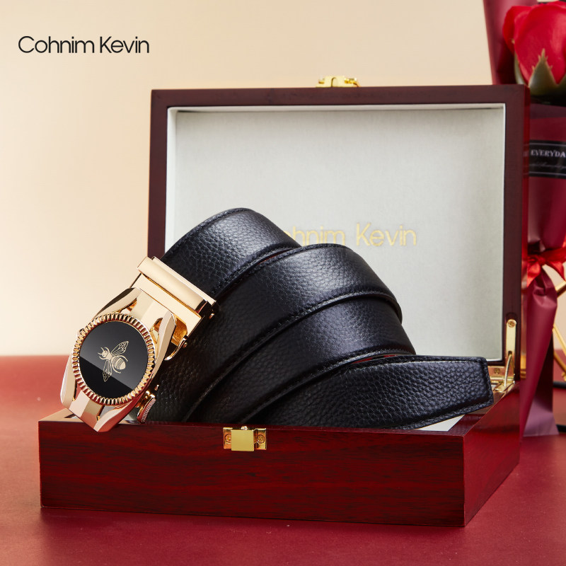Cohnim Kevin's new men's high-end leather belt leather automatic buckle pants festival gift box business belt men