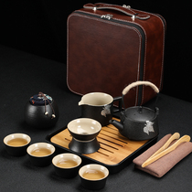 Jiyu Japanese black pottery kung fu tea set home outdoor teapot tea cup tea tray set portable travel tea set