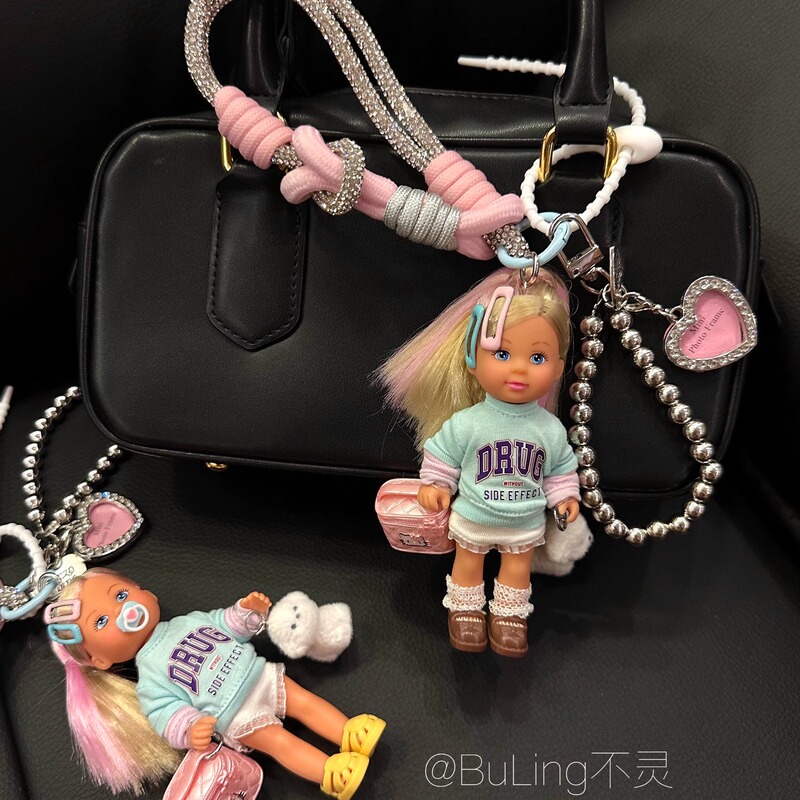 Buling Original Design Cute Childhood Princess Doll Keychain Bag Pendant Accessory Pink Metal Heart