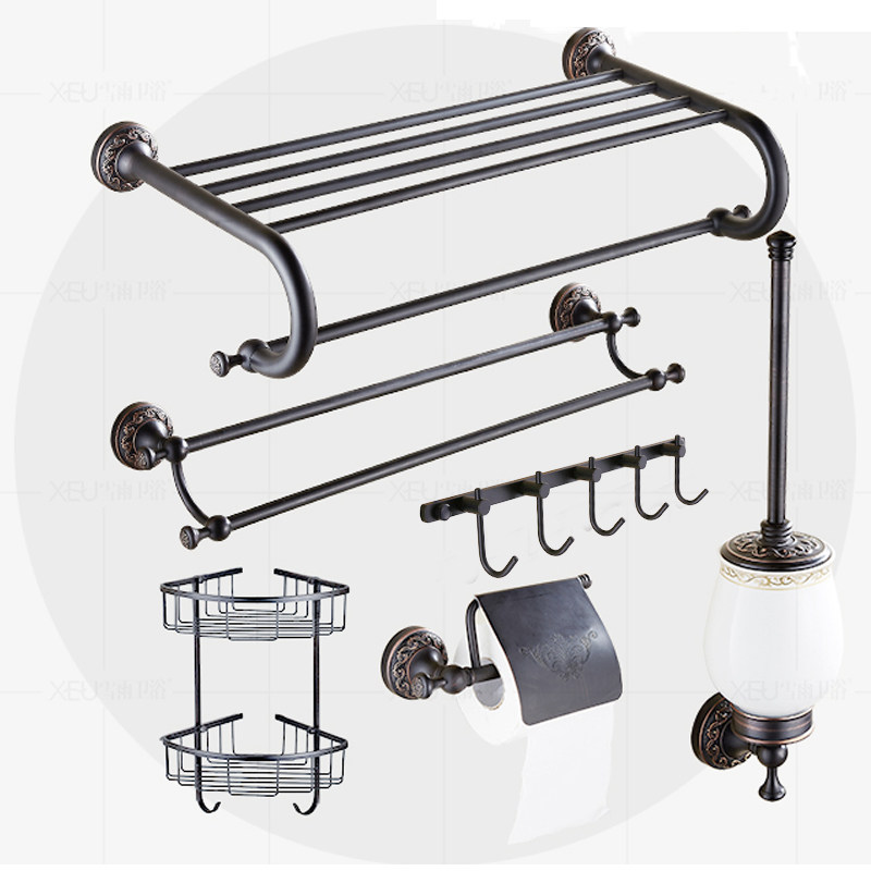 Black punch-free towel rack bath towel brass black bathroom storage toilet bathroom hardware American pendant set