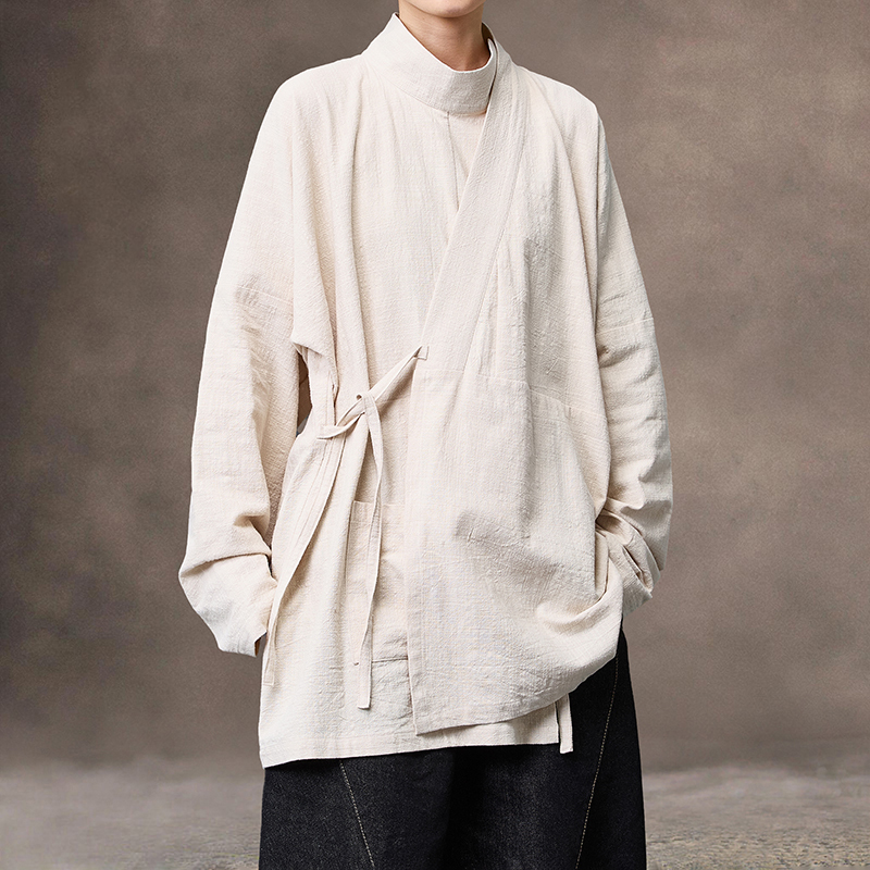 New Chinese-Style Clothing: Curved Collar Modified Hanfu Autumn and Winter Coat, Unisex, Zen-Inspired, Retro Diagonal-Collar Robe