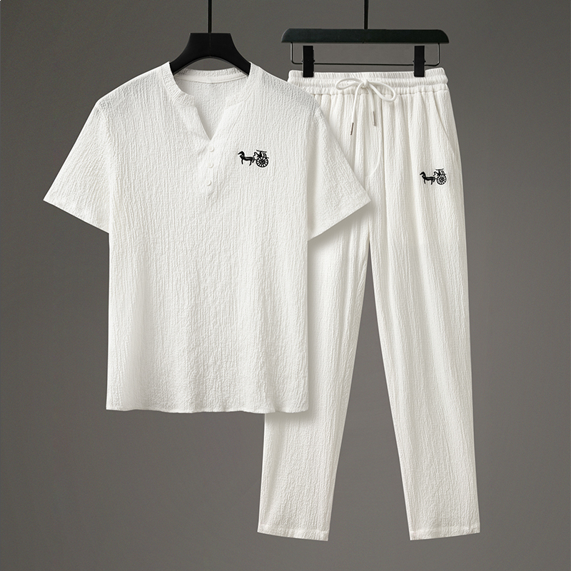 Chinese Style Men's Embroidered Ultra-Thin Ice Silk Linen Suit Men's Summer Loose Short-Sleeved T-Shirt National Trend Two-Piece Set
