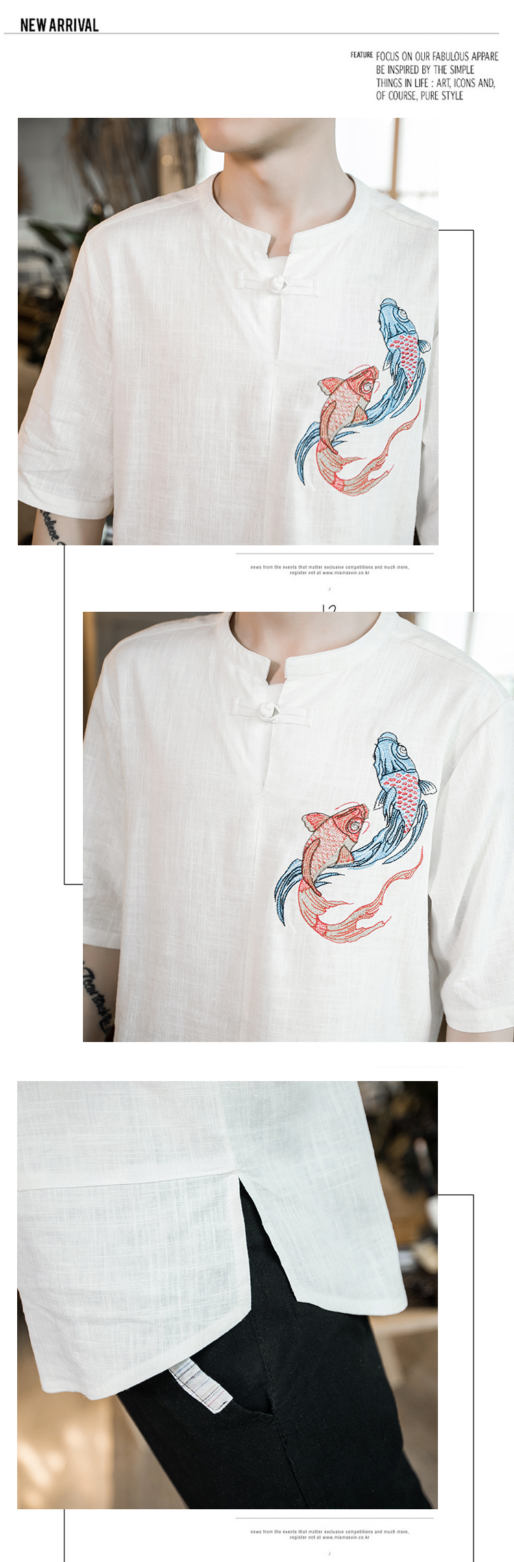 Phong cách trung quốc Tang phù hợp với Hanfu thêu cá linen t-shirt nam mùa hè Trung Quốc cotton ngắn tay thanh niên nằm trang phục dân tộc