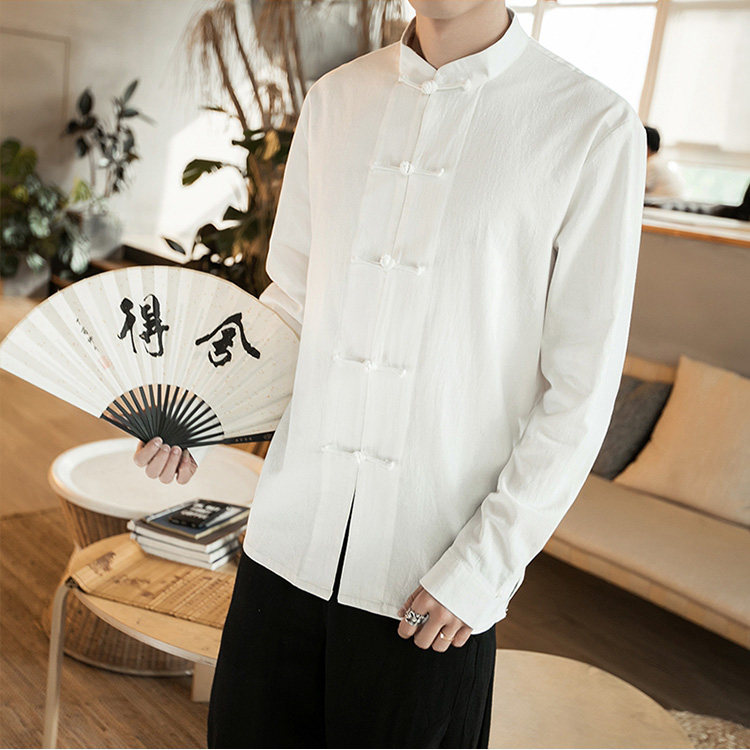 Chinese style Tang suit improved Hanfu Chinese style men's linen shirt spring and autumn national clothing youth cotton linen long sleeves