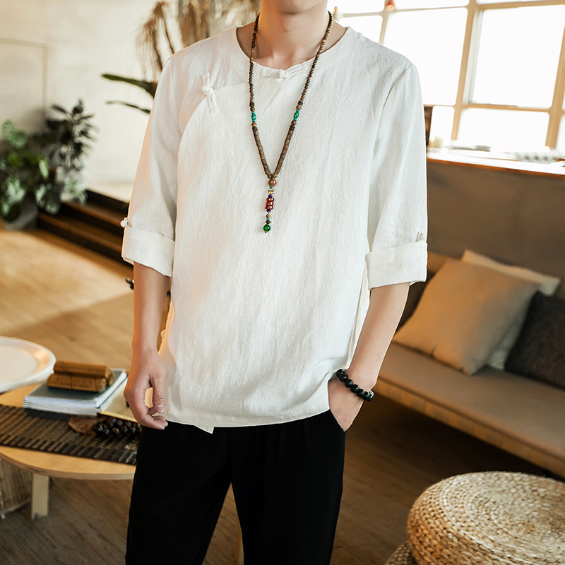 Chinese style Tang suit linen disc buckle improved hanfu Chinese wind men's clothing retro style cotton linen short sleeve blouse youth ancient dress