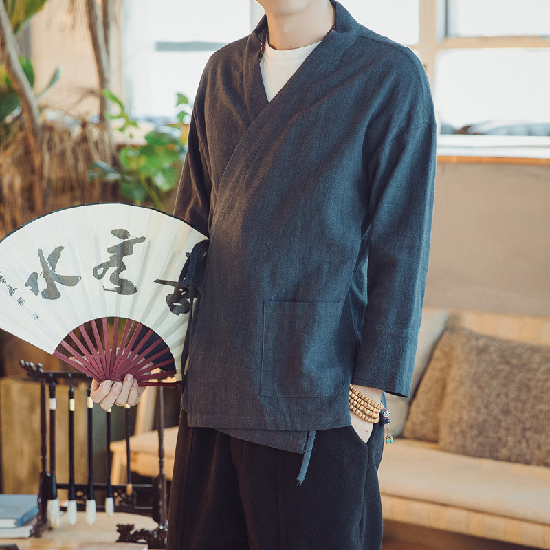 Chinese style Tang suit improved Hanfu Chinese style men's clothing ancient costume linen coat ethnic style youth cotton and linen long sleeves