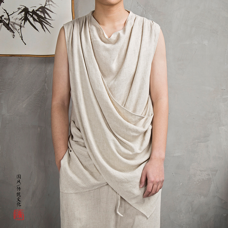 Chinese style Tang suit improved Hanfu Chinese style men's clothing layman cotton and linen sleeveless vest youth national ancient style summer T-shirt