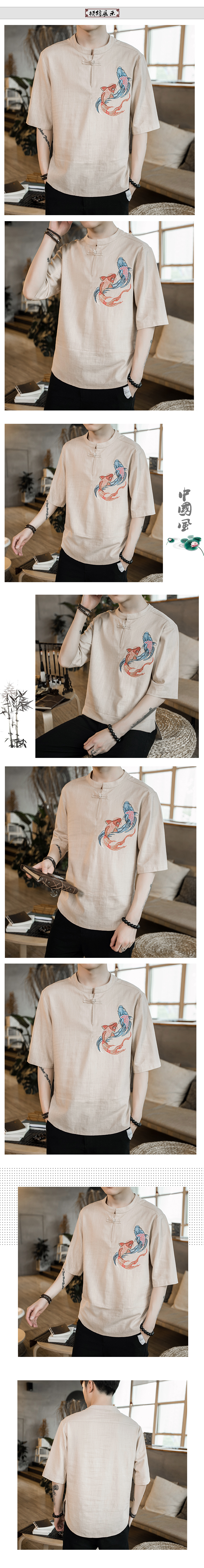 Phong cách trung quốc Tang phù hợp với Hanfu thêu cá linen t-shirt nam mùa hè Trung Quốc cotton ngắn tay thanh niên nằm trang phục dân tộc