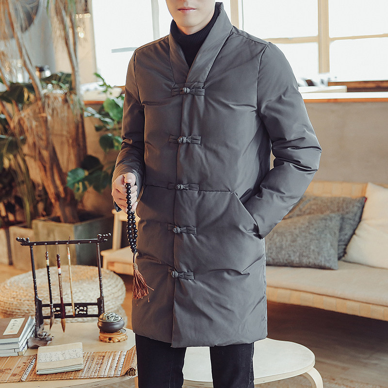 Chinese style Tang suit Hanfu Chinese style men's clothing layman embroidery mid-length cotton jacket winter youth ethnic cotton jacket