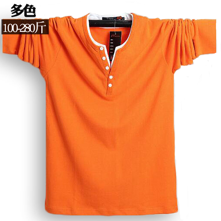 Youth Spring Clothing Plus Size Long-Sleeved T-Shirt for Men, V-Neck Pure Cotton Top, Fake Two-Piece, Plus-Size Sports Orange T-Shirt