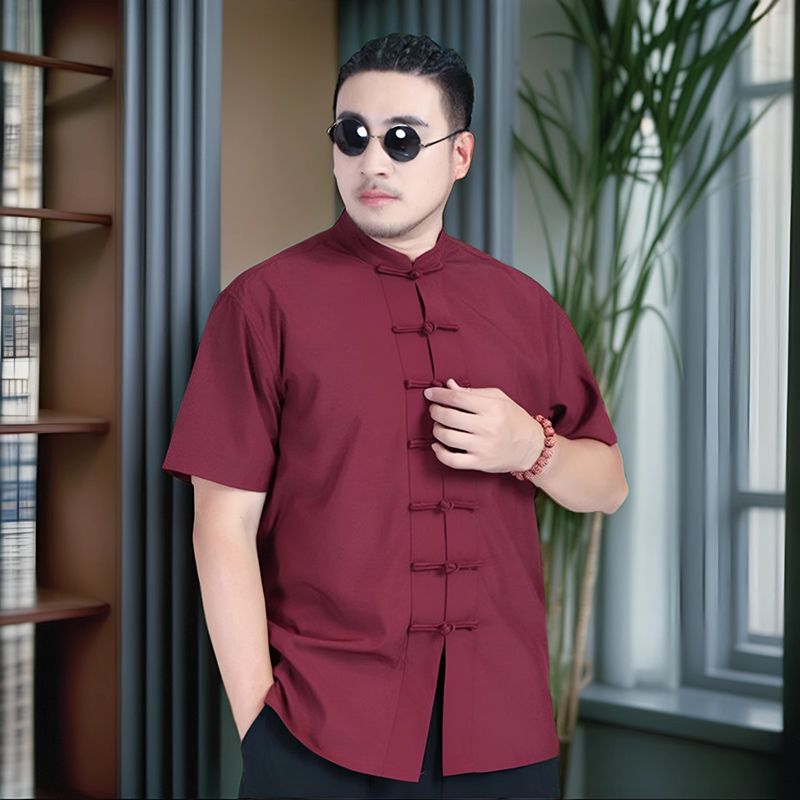 Chinese-Style Extra-Large Button-Down Short-Sleeve Shirt for Men, Stand-Up Collar, Hanfu, Traditional Chinese Style, Tang Suit, Plus-Size, Oversized, Zen Meditation Shirt