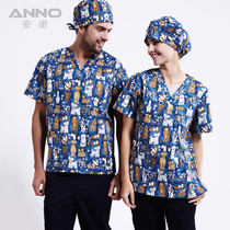 Anno surgical clothes Pet Doctor Medical hand washing clothes brush hand clothes polyester cotton printing V collar flower dog Blue