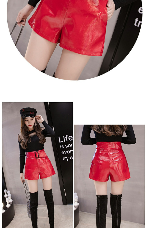 Quần da sáng màu nữ 2018 thu đông hoang dã mỏng cao cạp cao quần ống rộng mặc quần short da pu bằng sáng chế Một chiếc quần boot chữ quần short nữ jean