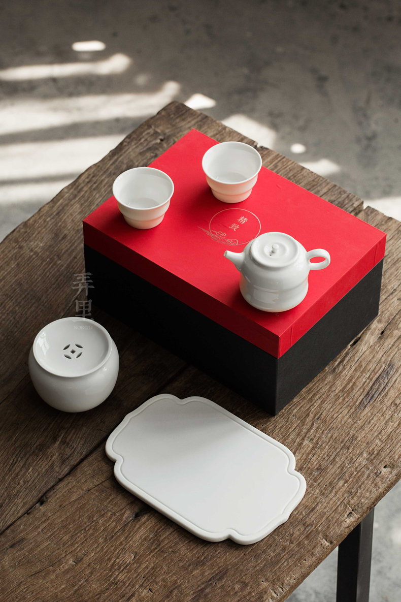 Get in dehua white porcelain cup a pot of 2 cup teapot contracted kung fu tea set gift box of a complete set of custom logo