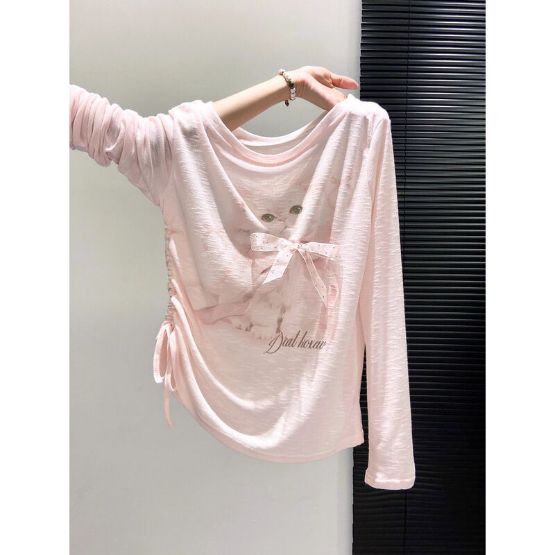 2025 Summer New Cute Cat Print Long-Sleeved T-Shirt for Women with Pleated Design, Sun Protection Cover-Up, Slim Fit Top 2025 Summer New Cute Cat Print Long-Sleeved T-Shirt for Women with Pleated Design, Sun Protection Cover-Up, Slim Fit Top