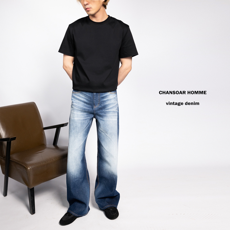 Chansoar American Cleanfit Retro Nevada Washed Ice Blue Loose Straight-Leg Bootcut Jeans