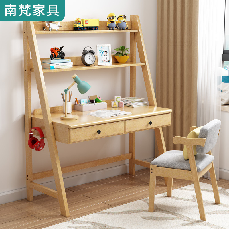 Full solid wood desk with bookcase integrated table minimalist log computer desk bedroom home study table with bookcase combination