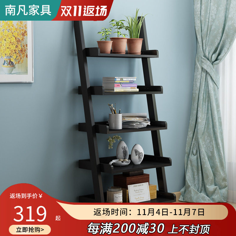 Solid wood bookshelf floor-to-ceiling black bookcase simple modern balcony flower stand small apartment bedroom living room storage Nordic