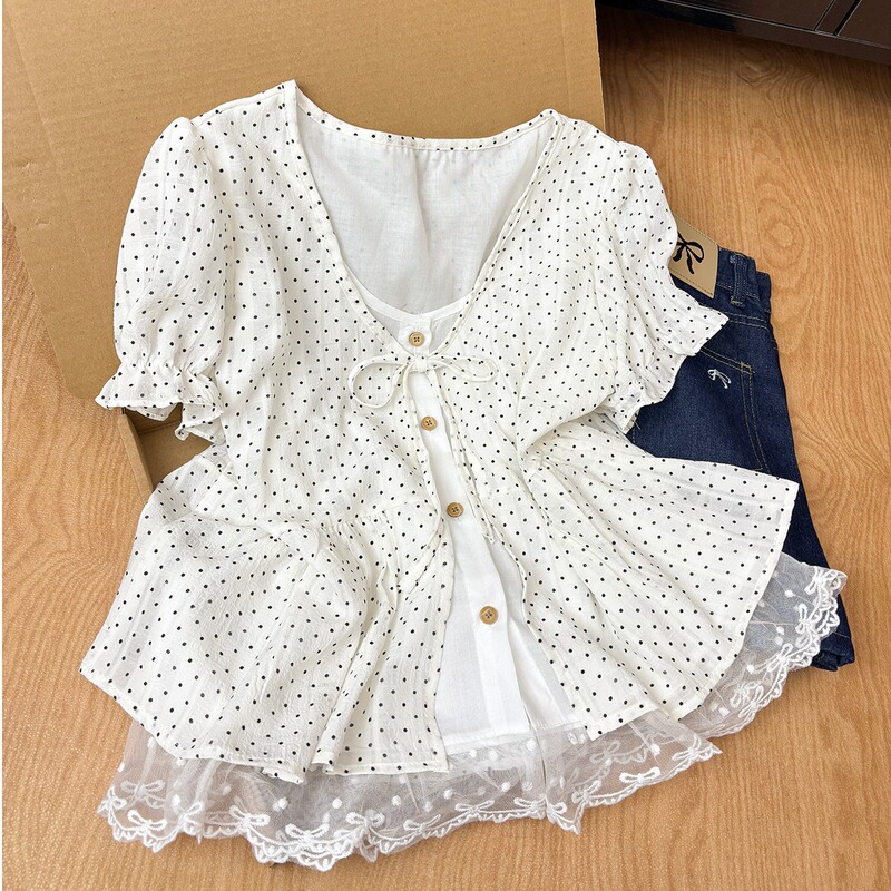 French Miu Style White Polka Dot Fake Two-Piece Short-Sleeved Shirt for Women Summer Lace Trim Lace-Up Top