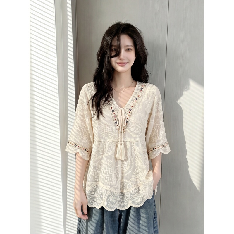 Bohemian Style V-Neck Lace Embroidered Lace-Up Mid-Length Sleeve Jacquard Shirt for Women Summer Vacation Style Blouse Top