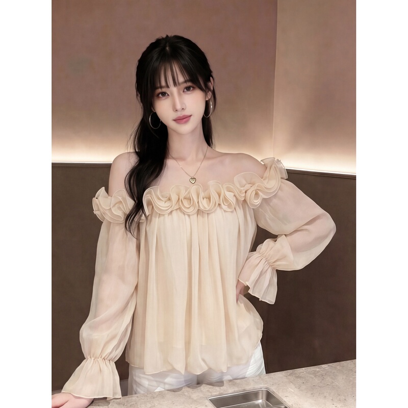 French-Style Ruffled Off-Shoulder Lace Shirt for Women, New Summer Long-Sleeve Tie Design, Unique and Elegant Top