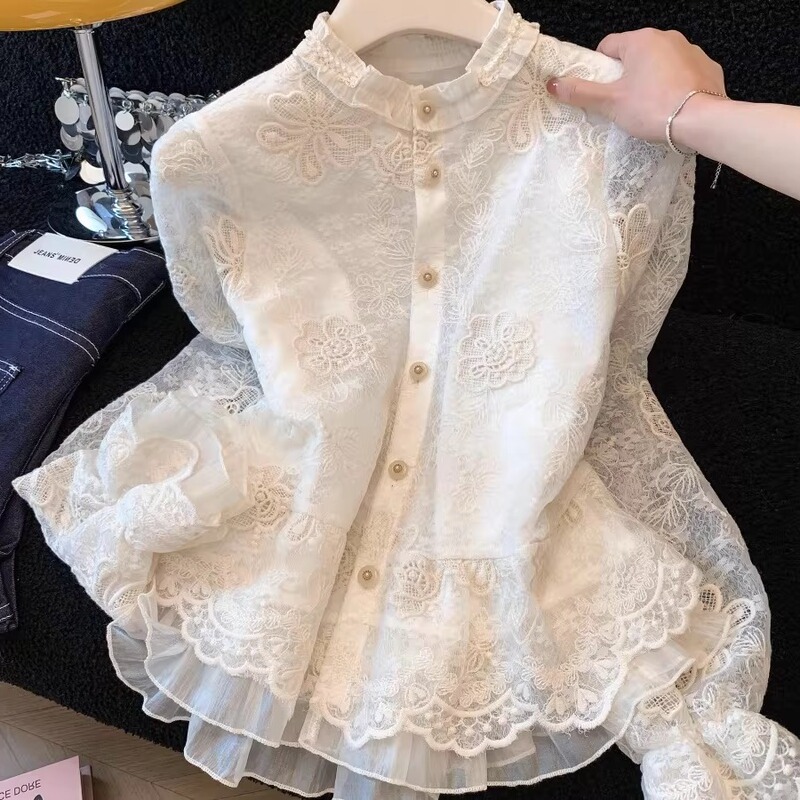 High-End Lace Embroidered Shirt for Women, Spring Palace Style, Stylish Design, Ruffled Jacquard Lace Blouse Top