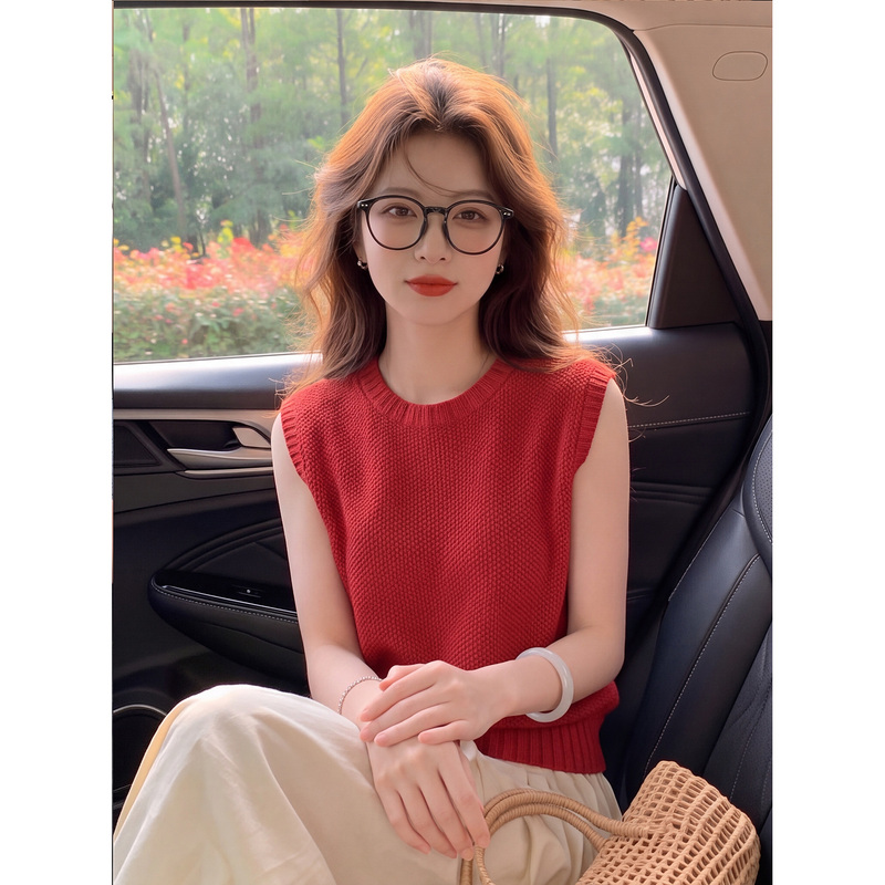Red Korean-Style Back-Buttoned Round-Neck Sleeveless Knitted Vest for Women, Summer Fashion, Chic, Unique and Super Nice-Looking Top Red Korean-Style Back-Buttoned Round-Neck Sleeveless Knitted Vest for Women, Summer Fashion, Chic, Unique and Super Nice-Looking Top