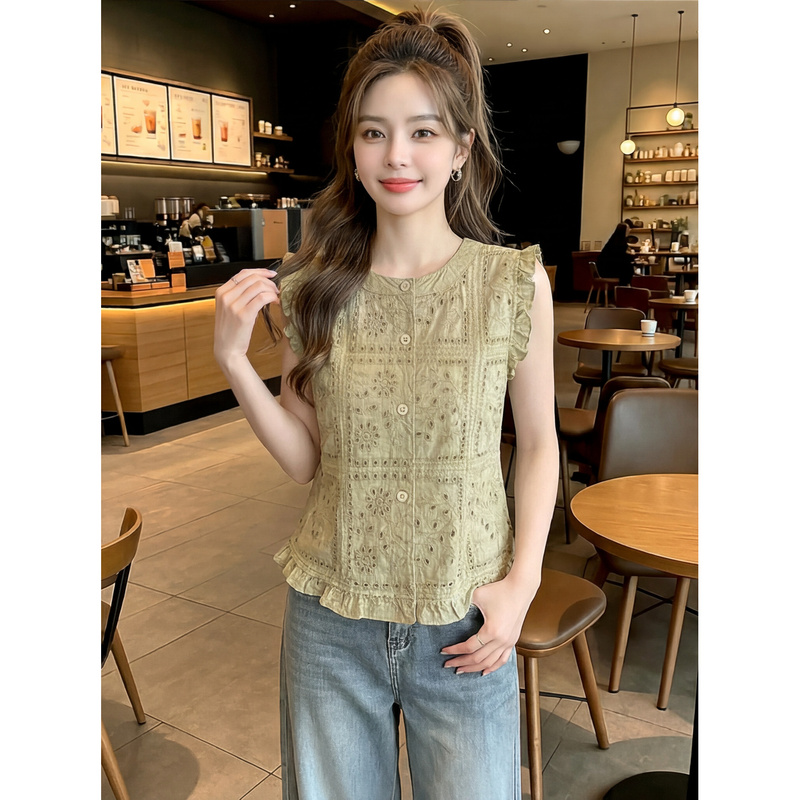 Sleeveless Shirt for Women 2026 Summer New Style French Embroidery Hollow-Out Small Flutter Sleeves Cotton and Linen Short Vest Top Sleeveless Shirt for Women 2026 Summer New Style French Embroidery Hollow-Out Small Flutter Sleeves Cotton and Linen Short Vest Top
