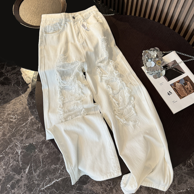 Heavy-Duty Washed Ripped Lace Patchwork White Denim Jeans for Women, Summer 2026, High-Waisted, Straight-Leg, Loose-Fitting, Slimming Wide-Leg Pants