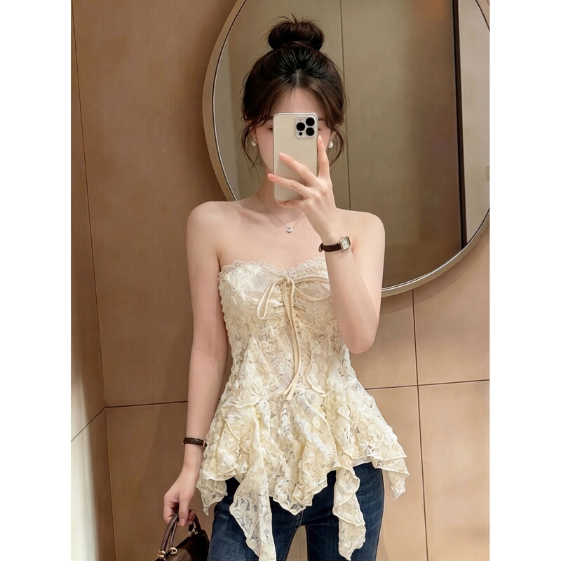 Pure Desire Style Lace Tube Top Outerwear Vest for Women, Summer 2026 First Love Heavy-Duty Crochet Floral Unique and Exquisite Top
