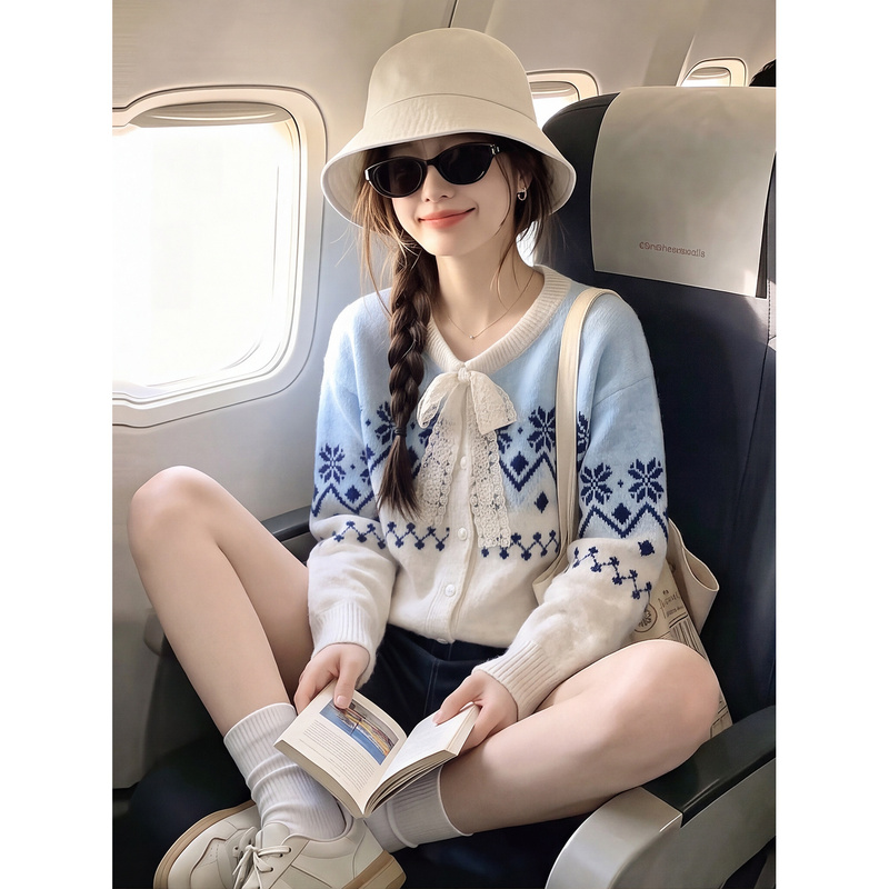 Fair Isle Jacquard Lace Bow Long-Sleeved Knitted Cardigan for Women 2026 Autum Preppy Style Loose Outer Top