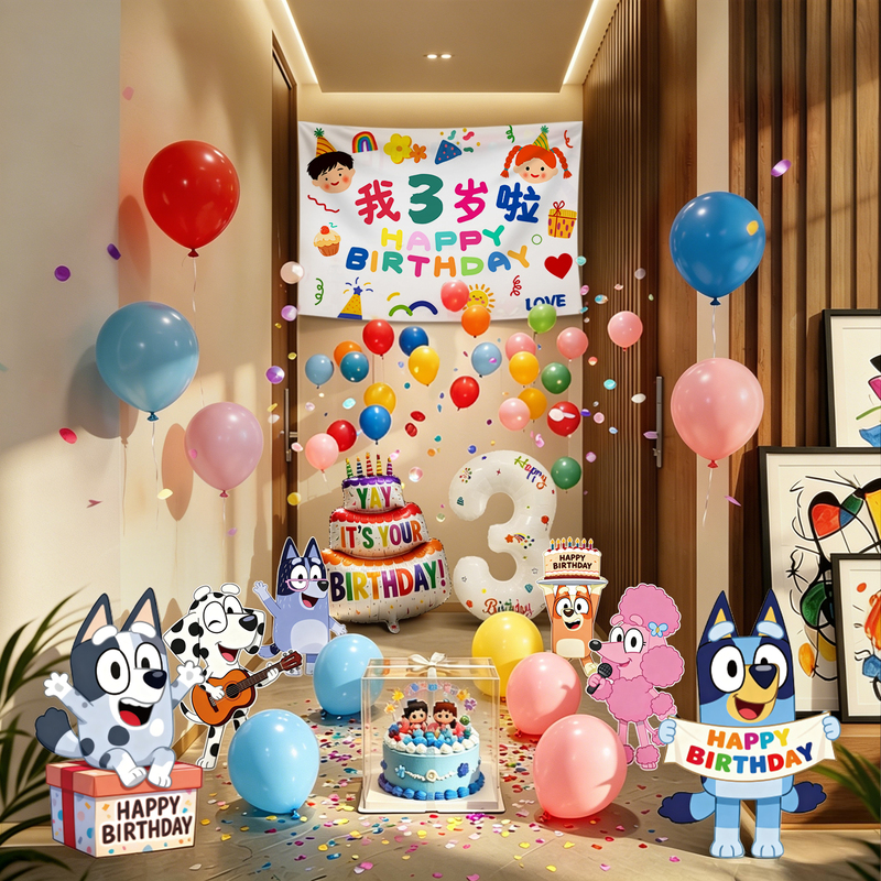 Bluey Themed Birthday Decoration Scene with Balloon Rain and Pull Strings for 3-Year-Old Boys and Girls Children's Party