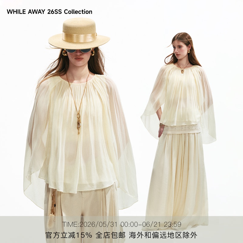 While Away* 100% Rayon Bud-Style Two-Way Shirt, Cape-Style Loose Blouse, Slimming Sheer Top