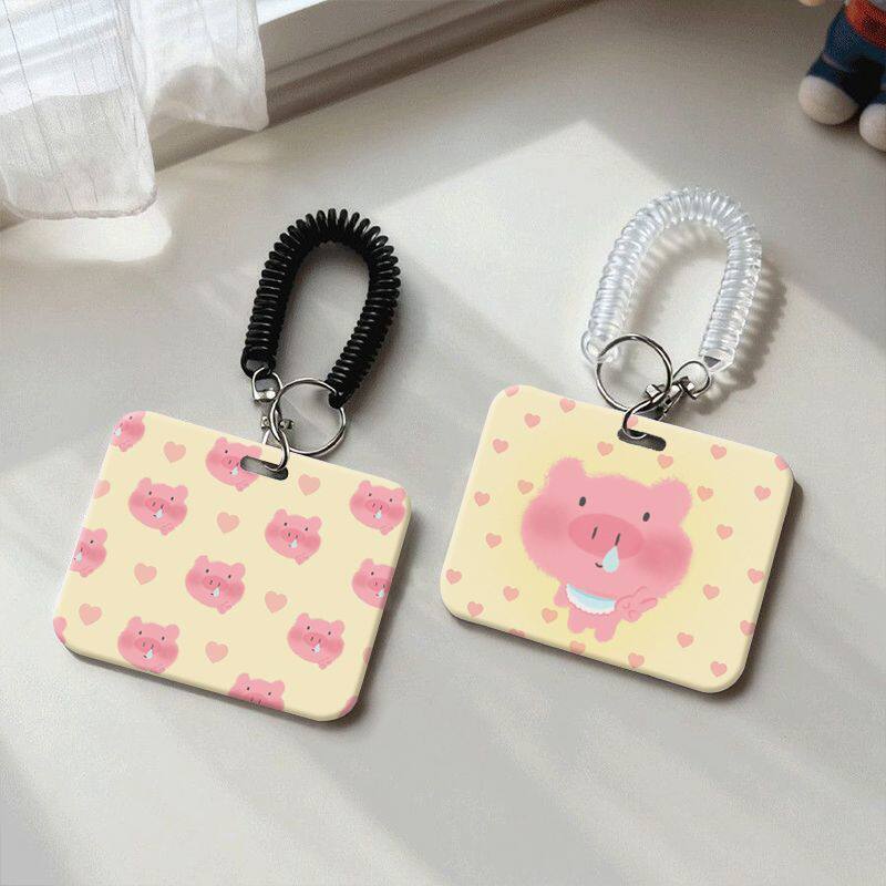 Cartoon Snotty Pig Horizontal Card Holder for Meal Cards, Telescopic Rope, Student ID Card Protector, Campus Card