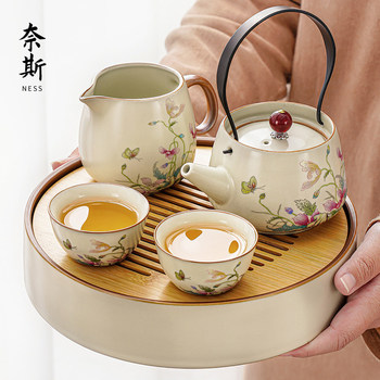 2025 New Model Ru Kiln Kung Fu Tea Set for Home Use, Light Luxury Tea Tray, Ceramic Teapot and Teacups for 0.05kg People
