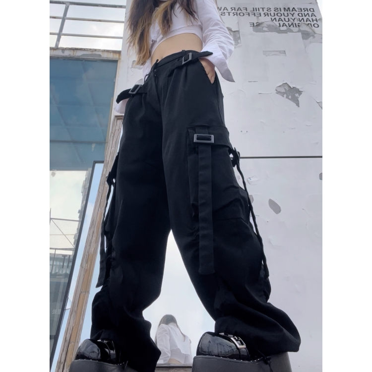 Functional Style Jogger Cargo Pants for Women, Couple Street Dance Loose High Street Hip-Hop Dark Ribbon Heavy-Duty Casual Wide-Leg Pants