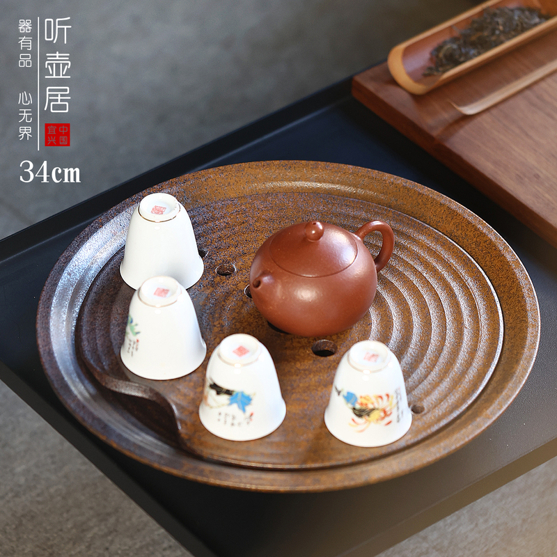 Tingtuju's New Coarse Pottery Tea Tray, Dry Brewing Platform, Japanese-Style Teapot Holder, Large Tea Tray, Water Storage Type, Zen-Style Tea Set