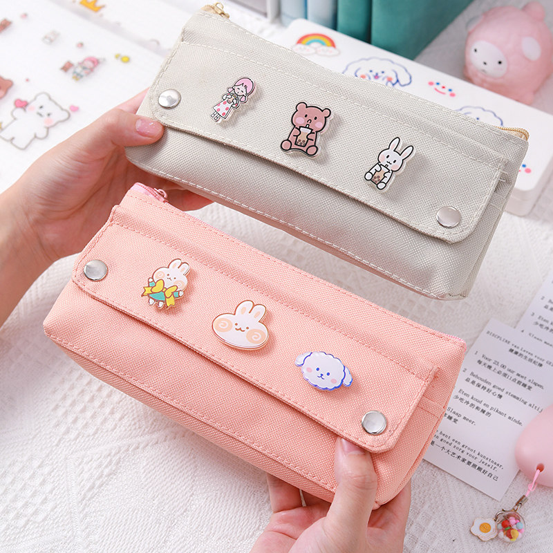 Innovation New Pen Bag Female Male Brief Pure Color Large Capacity Stationery Bag Children Elementary School High School High School High School High School Students Cute Salt Department Art Brooch Canvas Pen Bag Day Family Of Craze Pencil Bag Box