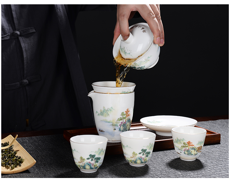 The flute dehua white porcelain tea set household suet jade kung fu contracted tea cups lid bowl of a complete set of cups