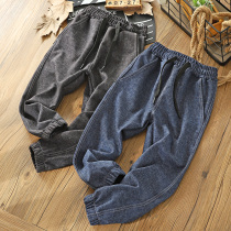 Childrens spring and autumn boys pants high waist middle and big children imitation jeans knitted stretch sweatpants boys casual pants