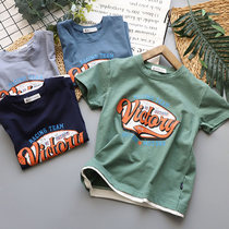 Boy T-shirt short sleeve cotton middle child 2021 summer new round neck coat baby sports sweat suction fake two pieces