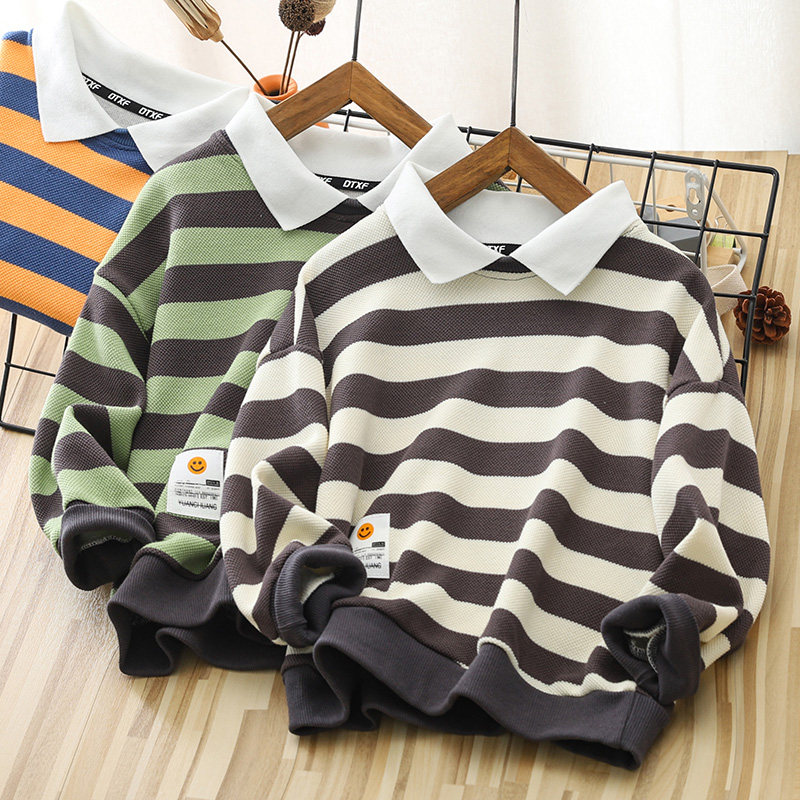 Boy sweatshirt 2021 Autumn Stripes Long Sleeves POLO Beating Undershirt CUHK Tong Pure Cotton Casual Foreign Pie Children Blouse
