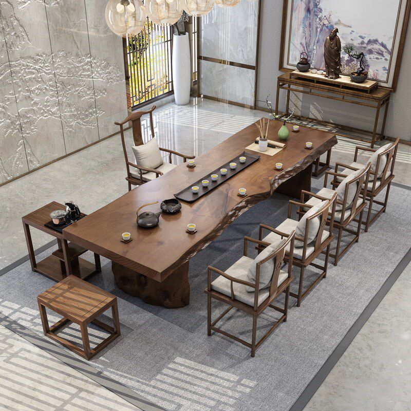 New Chinese log large board tea table and chairs Combined solid wood Kung Fu Zen Tea Table Office Tea Table Tea Drinking Bubble Tea Table